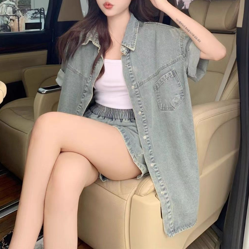 水洗彈力牛仔套裝 復古風可拆式牛仔兩件套 休閒短袖襯衫+寬鬆短褲