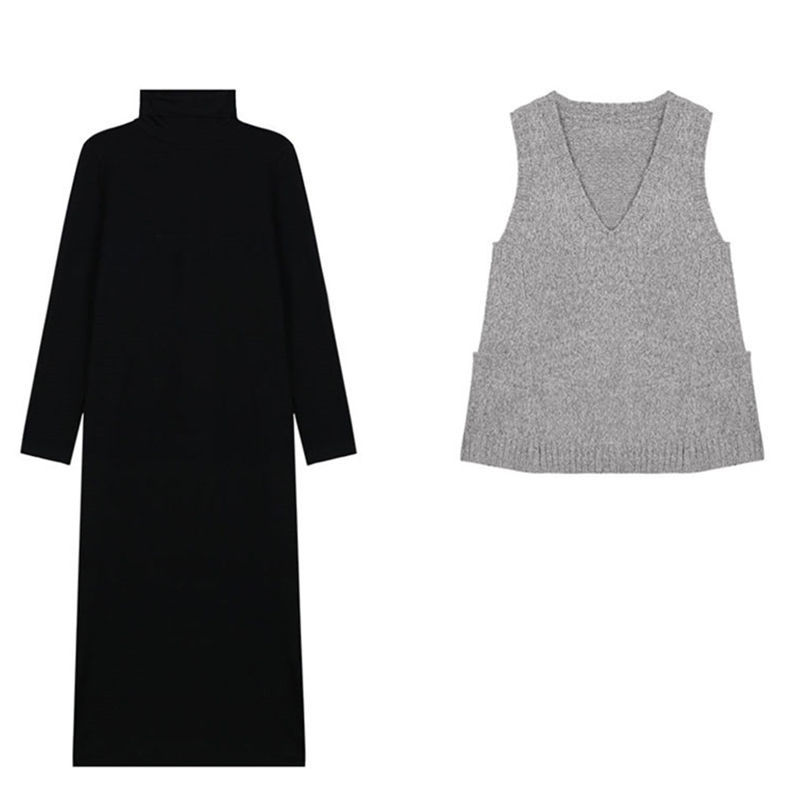 優雅秋裝組合針織背心+半高領連身裙套裝