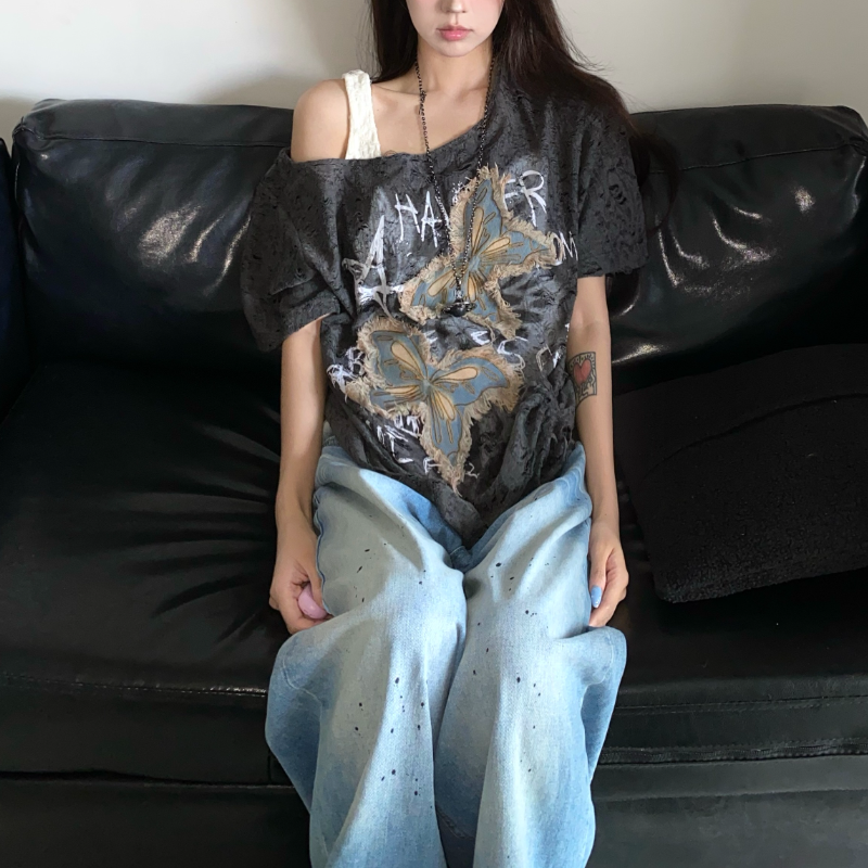 美式復古蝴蝶印花寬鬆長版T恤 個性設計感 休閒百搭上衣