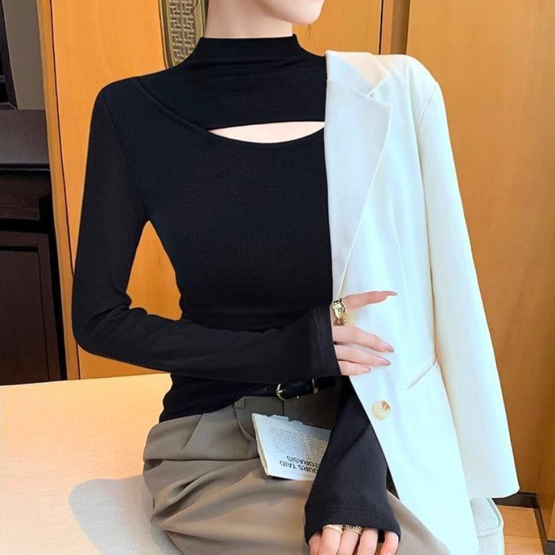 長袖鏤空微高領針織上衣 網美感鏤空設計 修身顯瘦 彈性親膚