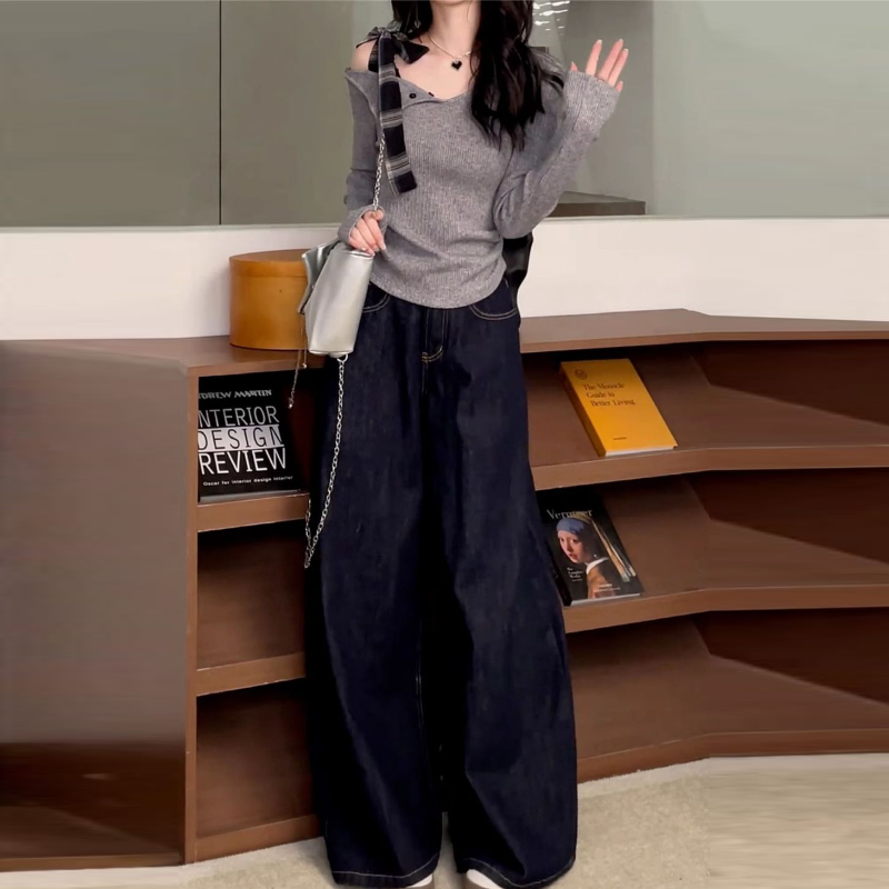 溫柔法式綁帶 斜肩一字領修身針織上衣 早秋顯瘦長袖內搭T恤