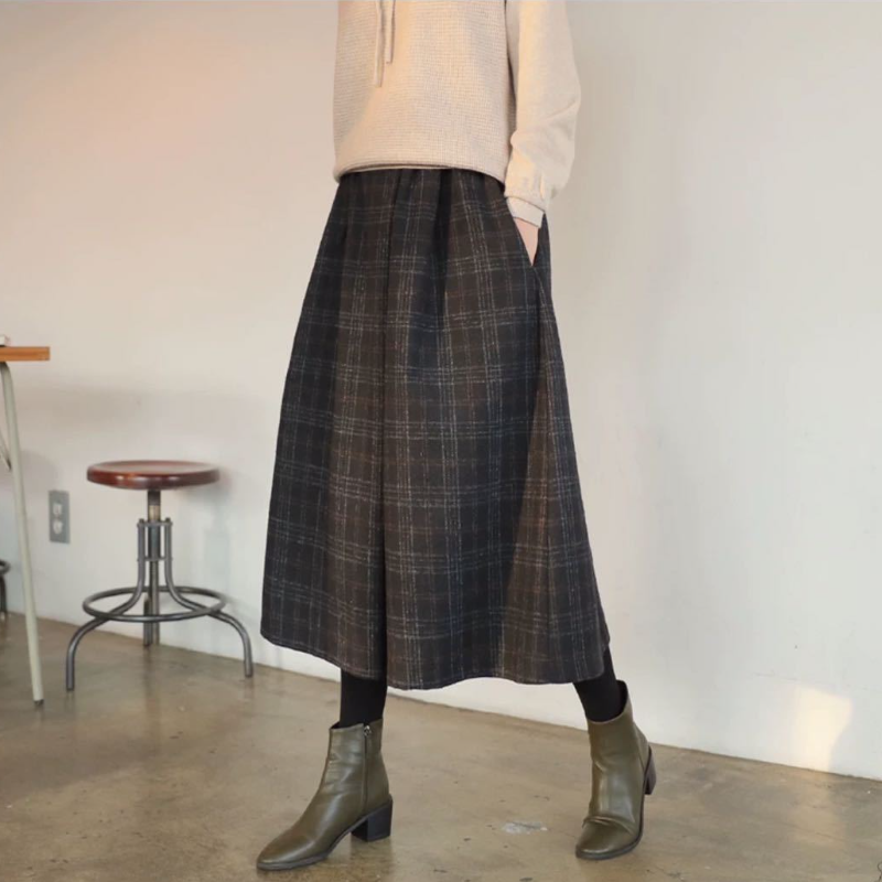 簡約．秋冬格子毛呢褲裙寬褲鬆緊腰