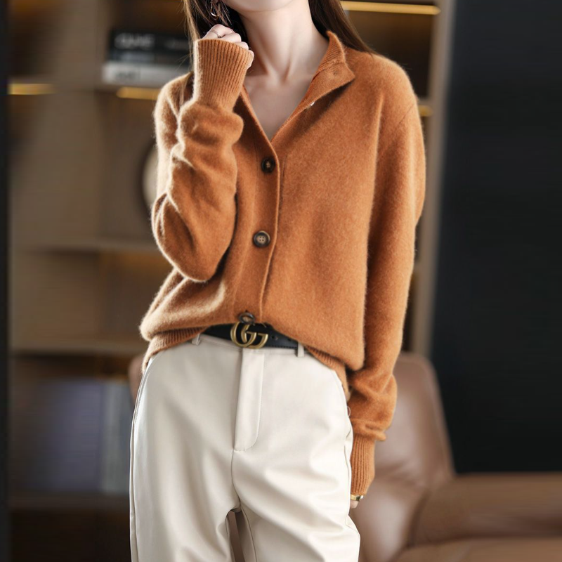 復古素色春秋針織立領開襟短版外套 寬鬆百搭款