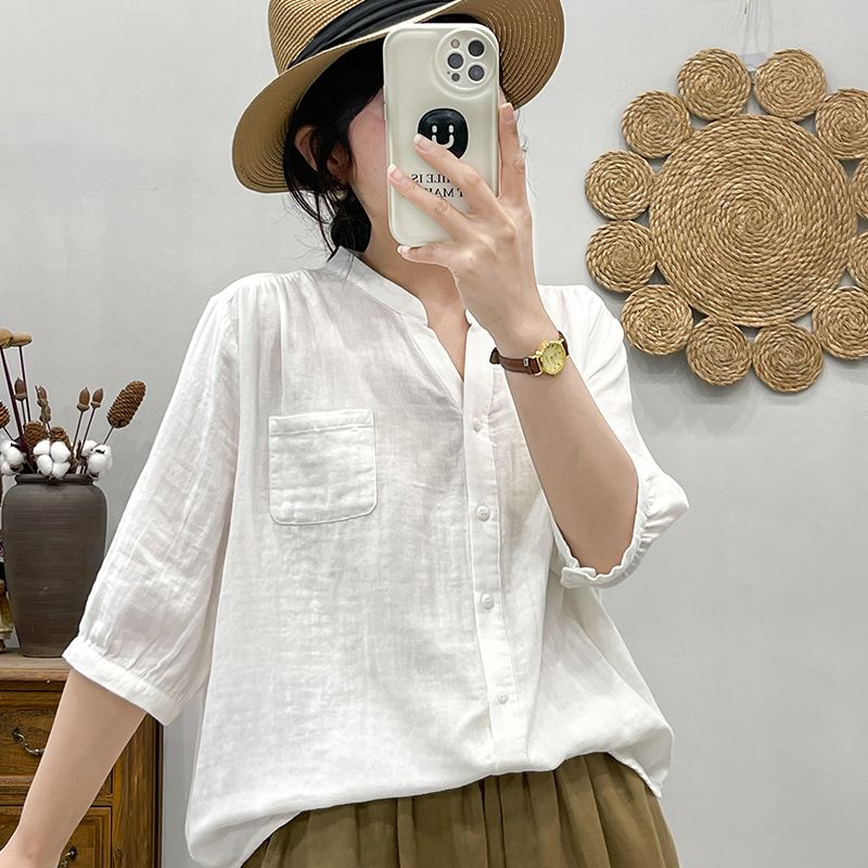 碎花雙層棉紗襯衫 中袖設計 寬鬆舒適 文青風上衣