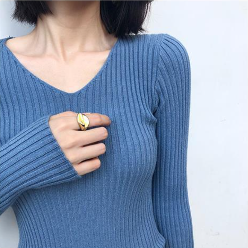 糖果色V領緊身針織衫-薄款打底上衣 時尚百搭內搭毛衣