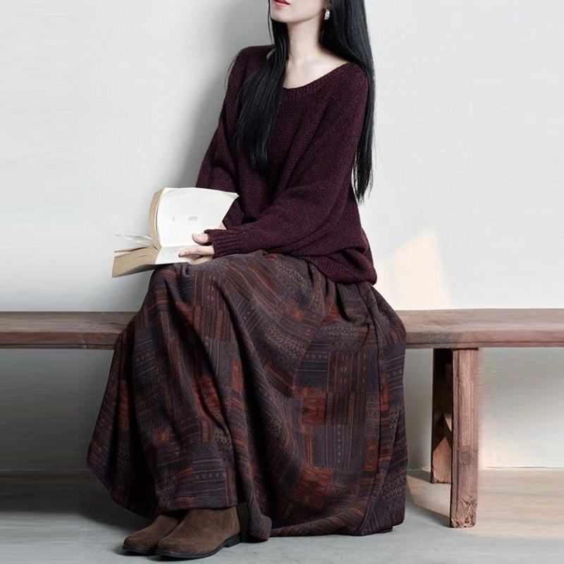 「套裝/單件」復古文藝針織上衣＋印花長裙兩件式套裝 慵懶氣質 秋冬穿搭