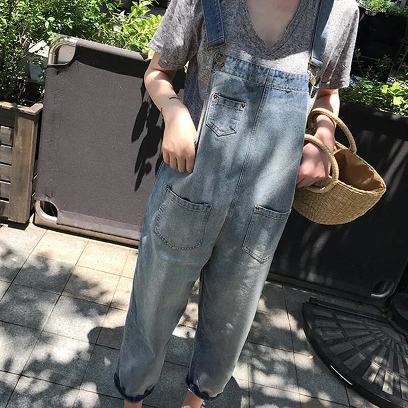 韓系 ‧ 九分牛仔吊帶褲 寬鬆韓版九分褲