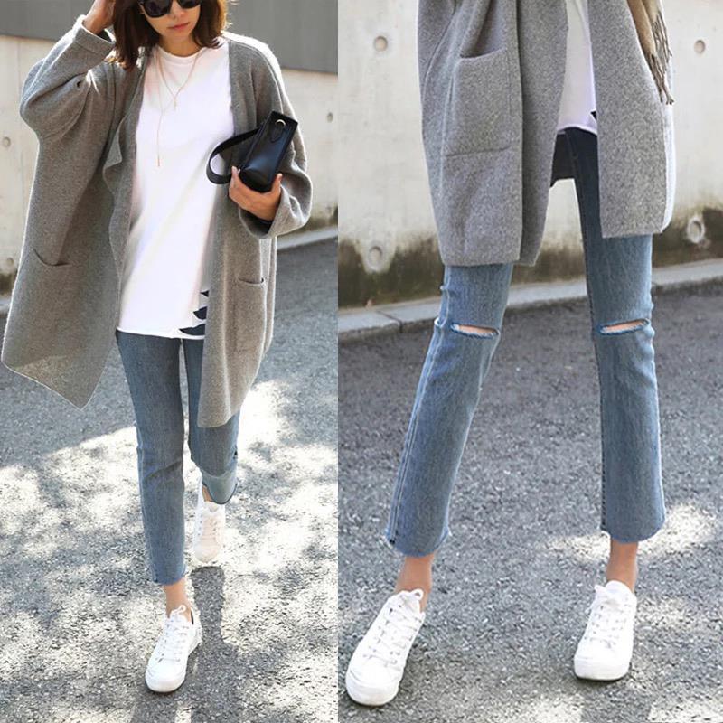 高腰顯瘦破洞牛仔褲-小隻女155九分直筒褲 時尚微喇設計