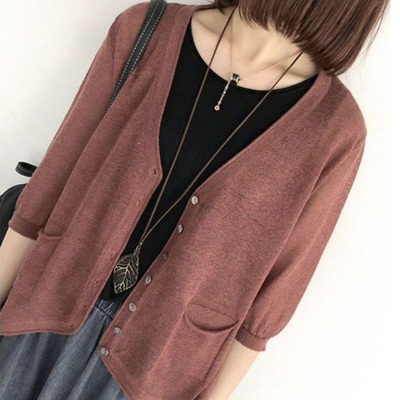 日韓風休閒罩衫 百搭冰絲針織開襟衫 洋氣上衣