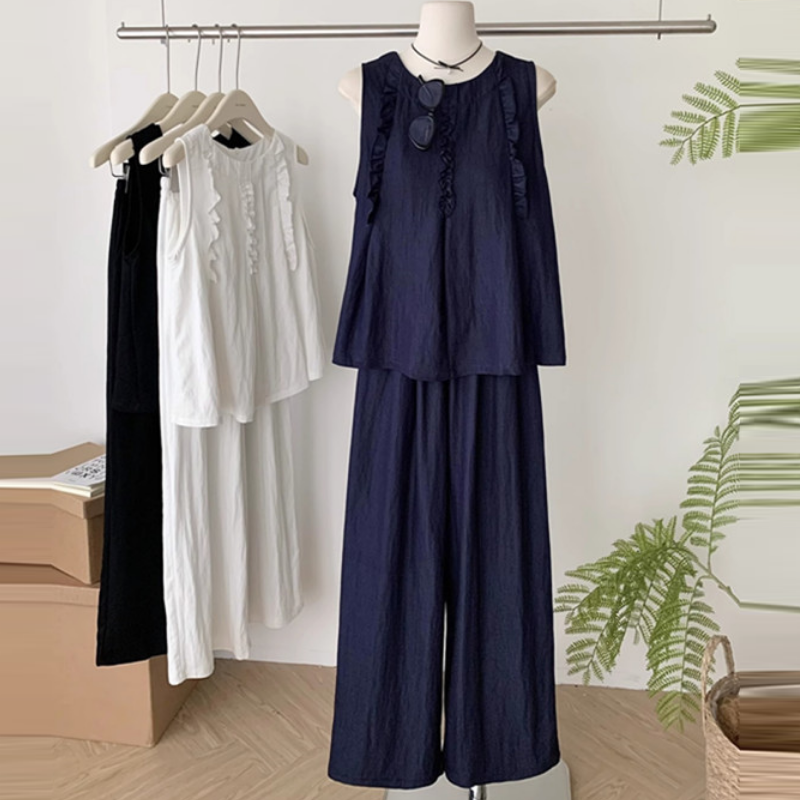 韓系木耳邊背心＋寬褲兩件式套裝 寬鬆修身顯瘦款 大尺碼友善版型