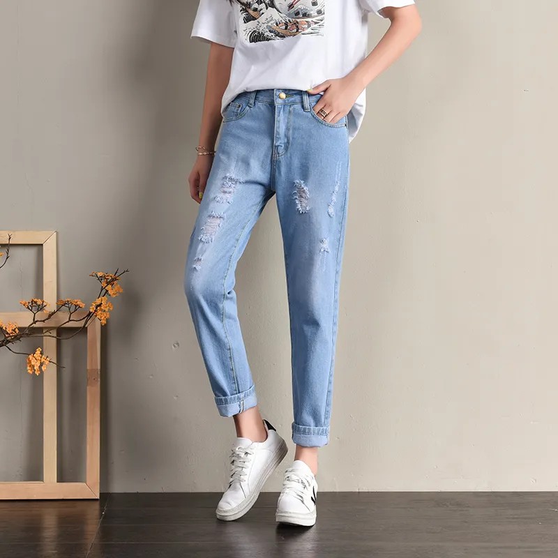 潮流韓妞 高人氣時尚寬鬆破洞顯瘦高腰哈倫九分牛仔褲
