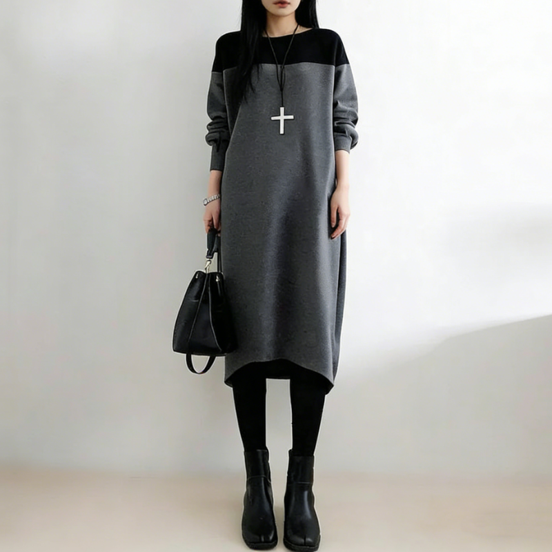 撞色拼接長版洋裝 寬鬆剪裁 圓領設計 秋冬耐看百搭