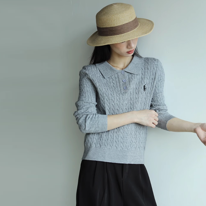 復古灰色翻領刺繡針織衫 通勤麻花毛衣顯瘦上衣