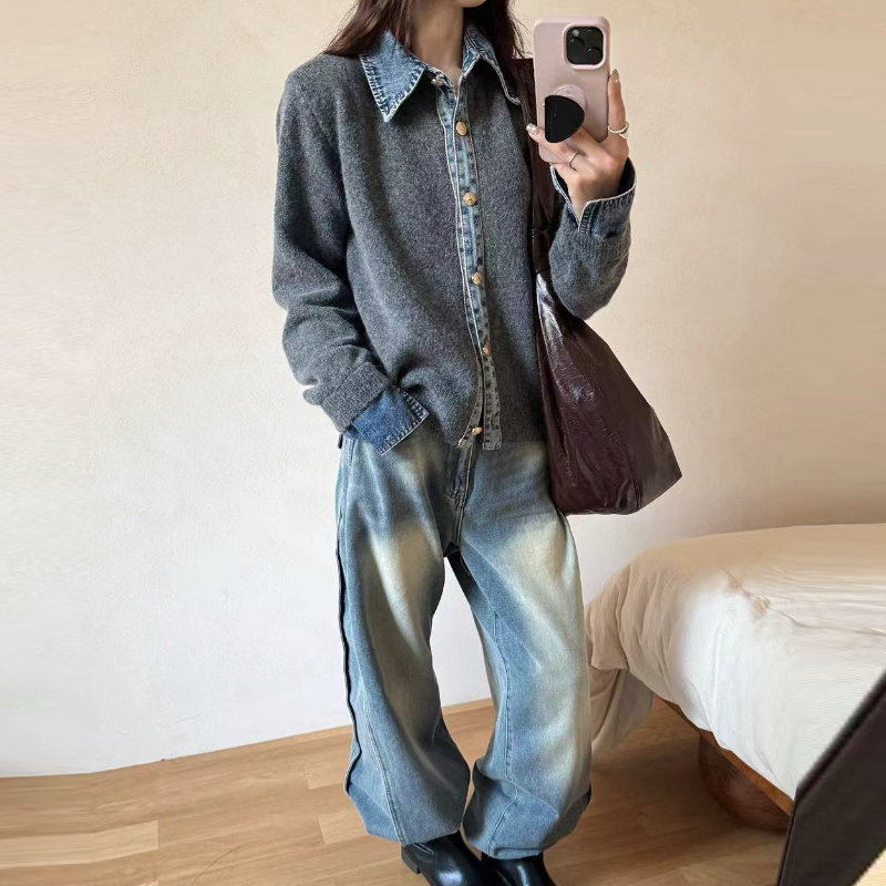 韓系牛仔拼接針織外套 厚磅質感 層次襯領設計