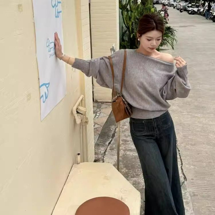 一字領露肩針織上衣 秋季慵懶風 長袖顯瘦 溫柔韓系毛衣