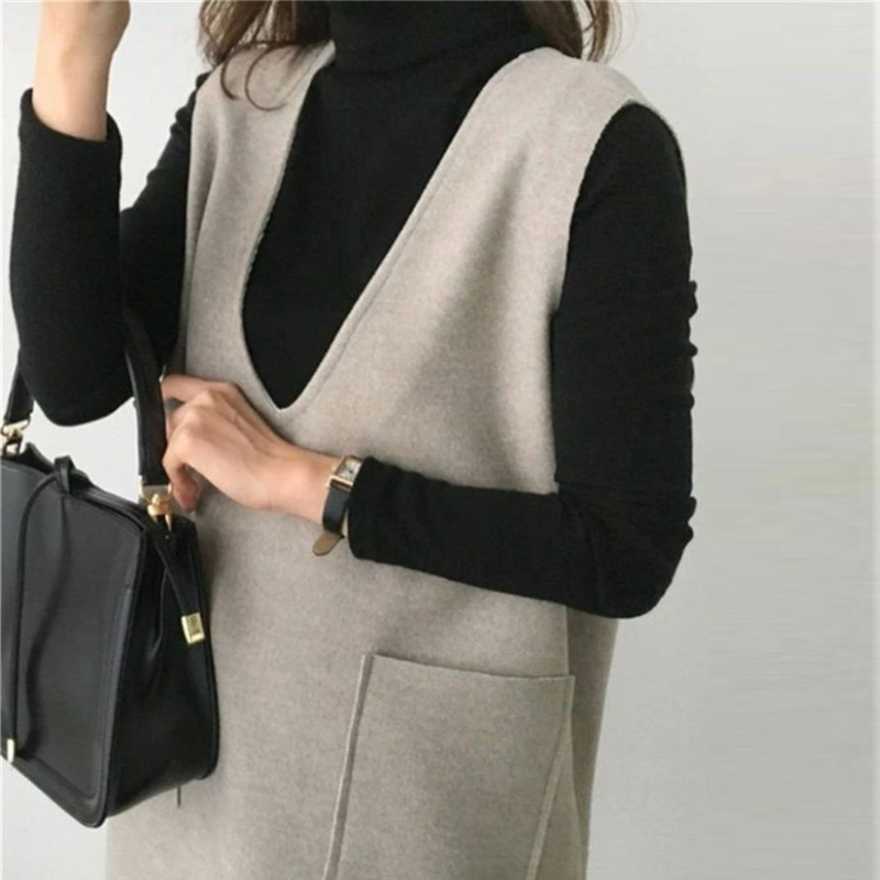 7色毛呢料背心 中長款素色寬鬆無袖連身裙