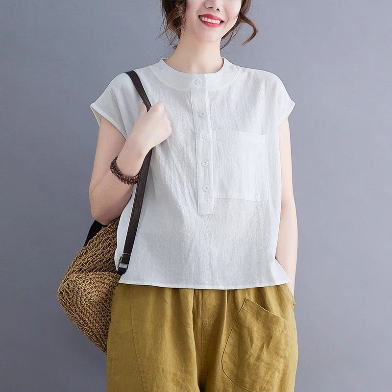 夏季棉麻無袖上衣｜文青風立領素色寬版襯衫 大尺碼百搭款