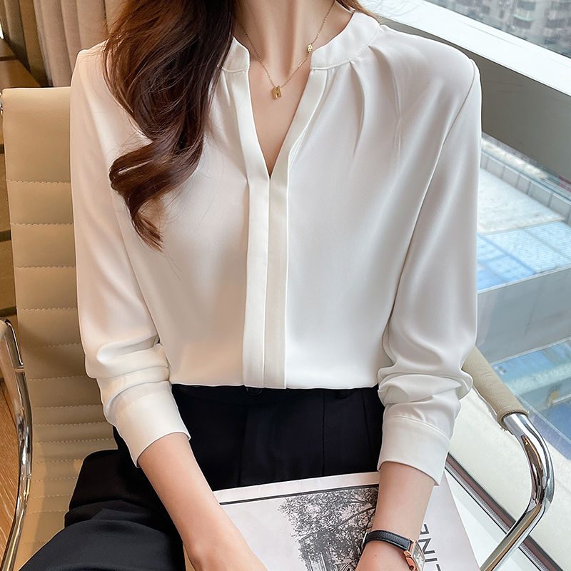 韓版v領雪紡白色襯衫女士長袖年春秋季職業正裝氣質上衣內搭上衣