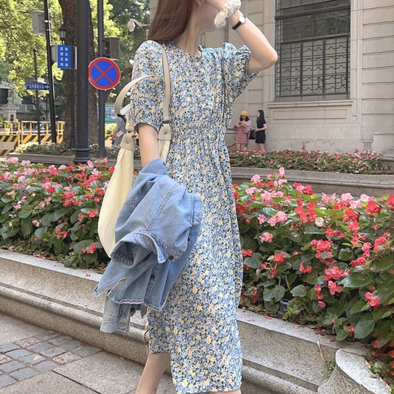 溫柔毆膩浪漫出遊·泡泡袖碎花連身長裙 甜美顯瘦法式氣質洋裝