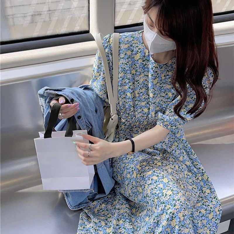 溫柔毆膩浪漫出遊·泡泡袖碎花連身長裙 甜美顯瘦法式氣質洋裝