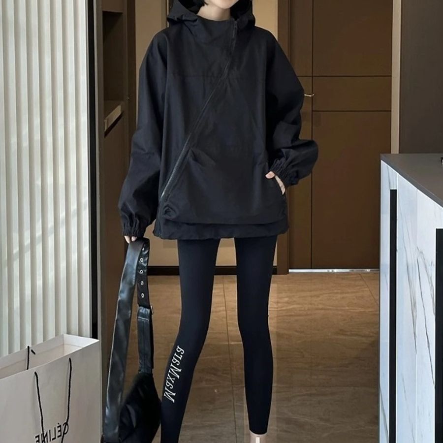 韓版連帽休閒寬鬆外套-春季斜拉鍊設計感小眾衝鋒衣