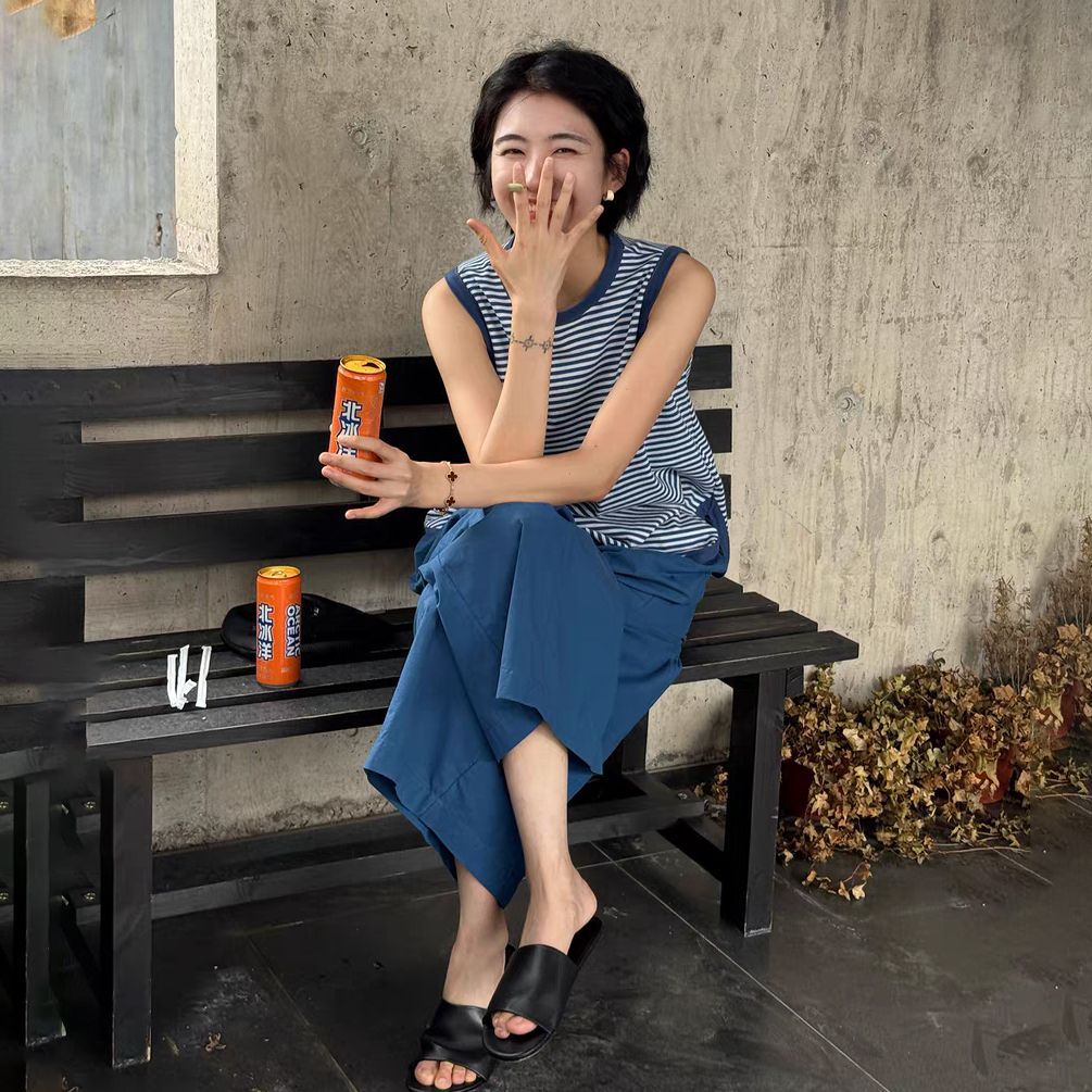 日系條紋無袖背心 圓弧下擺設計 寬鬆休閒上衣