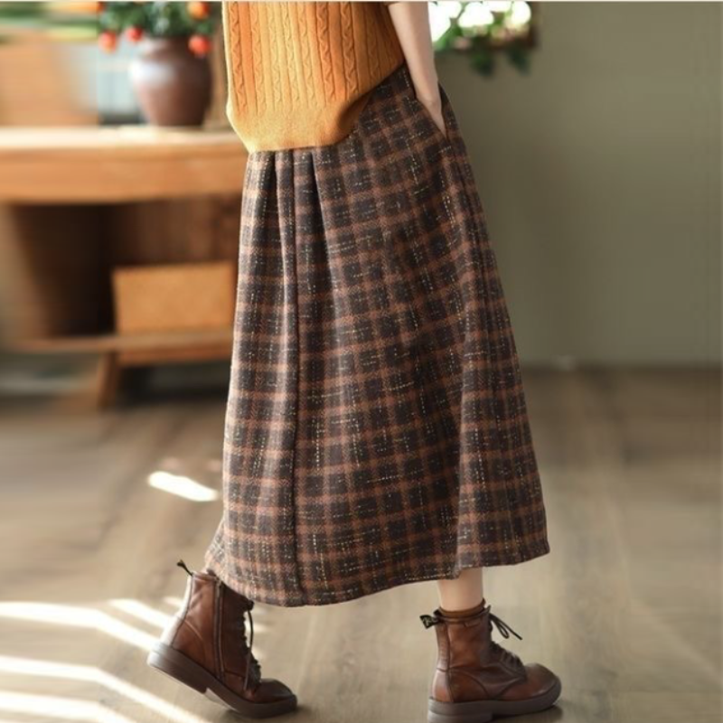 復古顯瘦格紋毛料中長裙 秋冬遮肉半身裙