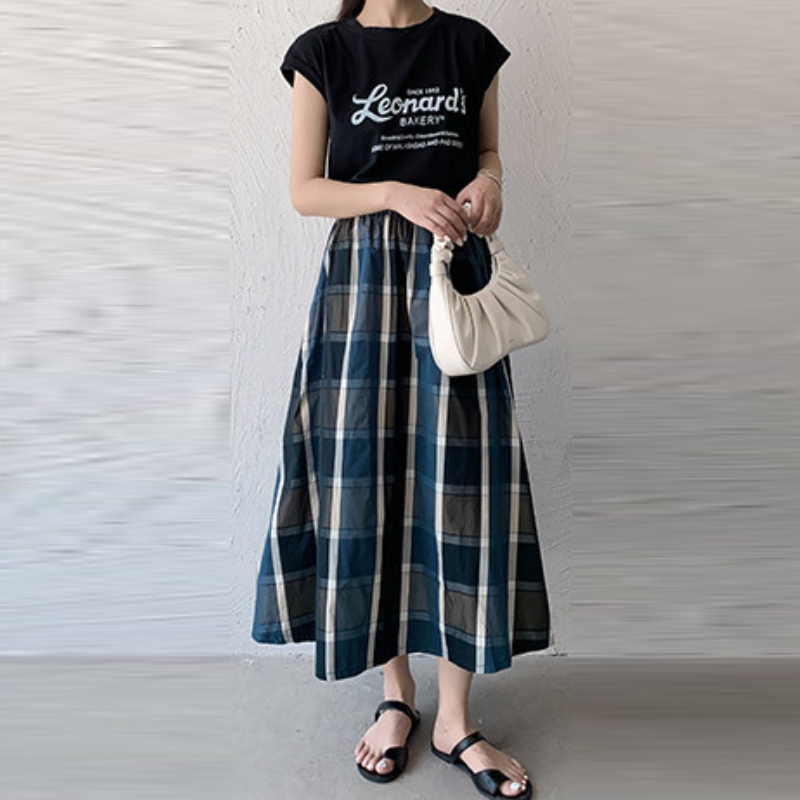 6色*日韓流行格紋寬版大擺百搭半身裙