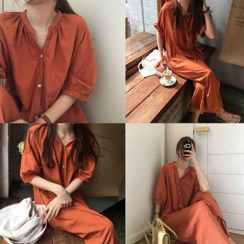 法式慵懶 古巴領五分袖連身裙 微透肌天絲棉長版罩衫 夏季冷氣房藏腰腹 獨家剪裁 早午餐微正式場合