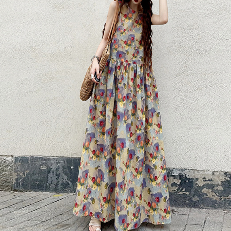 油畫風復古休閒印花韓版A字無袖長洋裝