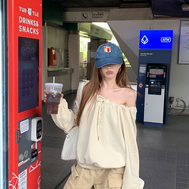 韓系綁帶斜肩寬鬆大學T 慵懶感套頭長袖上衣