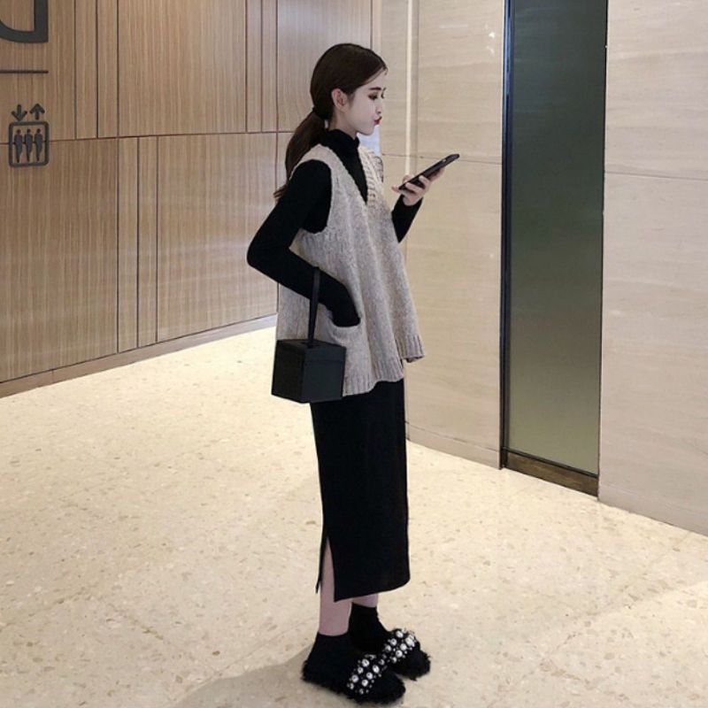 優雅秋裝組合針織背心+半高領連身裙套裝