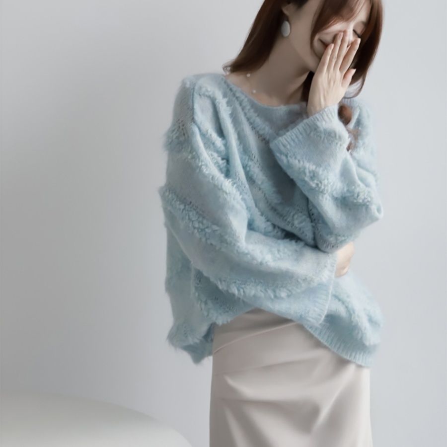 法式慵懶一字領馬海毛毛衣 秋冬外穿寬鬆針織上衣 柔軟蓬鬆