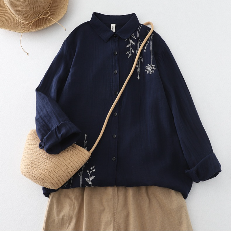 多層次外罩襯衫 微光澤棉麻刺繡上衣 熟齡顯瘦藏肉神器 獨家版型 抗皺透氣閨蜜親子裝穿搭