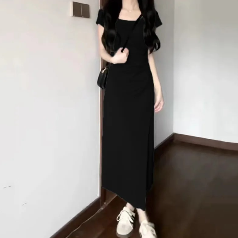 法式氣質收腰短袖連身裙 小眾設計圓領短裙