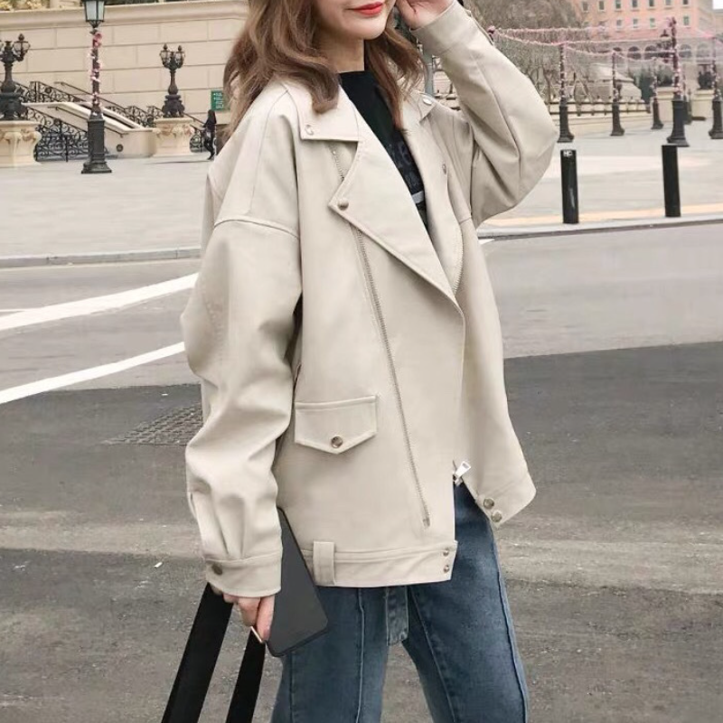 韓版休閒加厚寬鬆PU皮衣夾克短外套