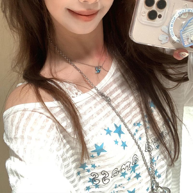 星星印花斜肩長袖上衣 輕薄防曬罩衫