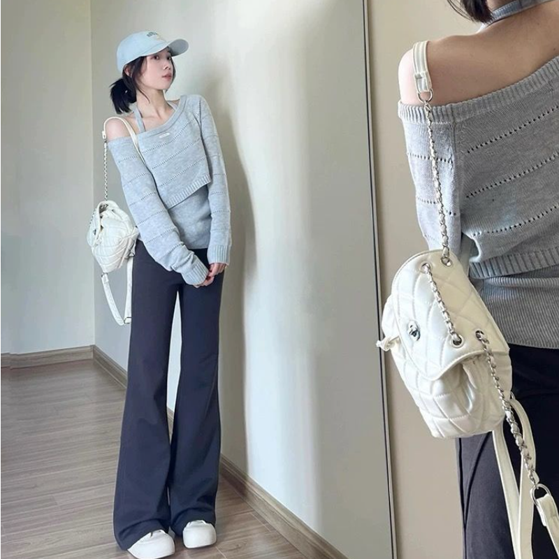 韓系設計感掛脖背心+針織上衣兩件組 鏤空短版層次穿搭款