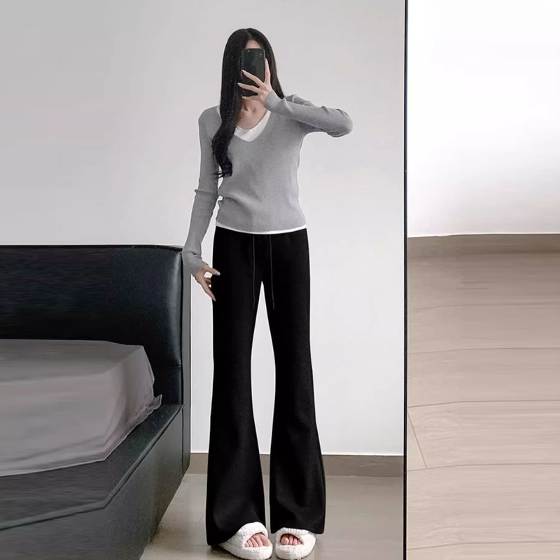 保暖喇叭褲-修身內刷毛棉褲素面彈性加長立體車縫