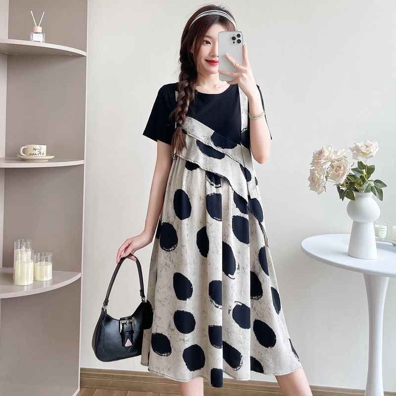 波點拼接假兩件短袖洋裝 寬鬆造型款