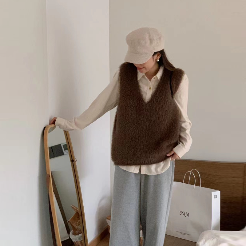 仿水貂絨V領針織背心 秋冬素色無袖毛衣背心