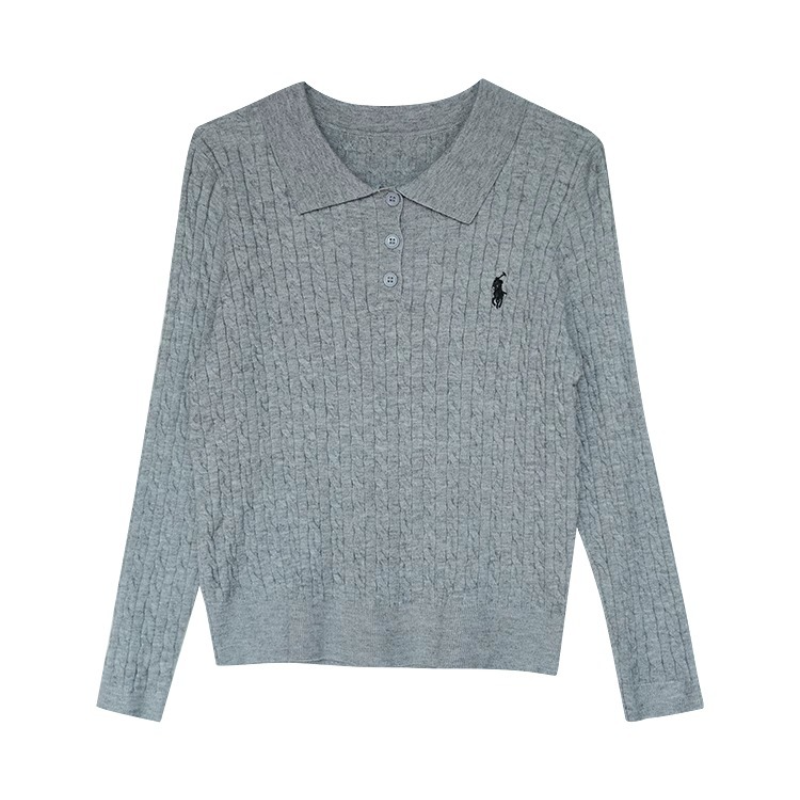 復古灰色翻領刺繡針織衫 通勤麻花毛衣顯瘦上衣