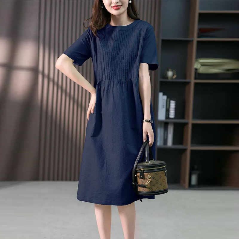 棉麻中長版洋裝 法式設計感 圓領短袖 前胸壓摺 寬鬆顯瘦