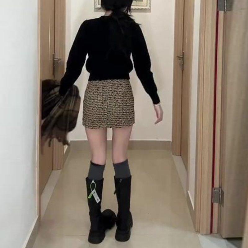 小香風成套穿搭 V領針織外套＋短裙套裝 小個子茶系穿搭