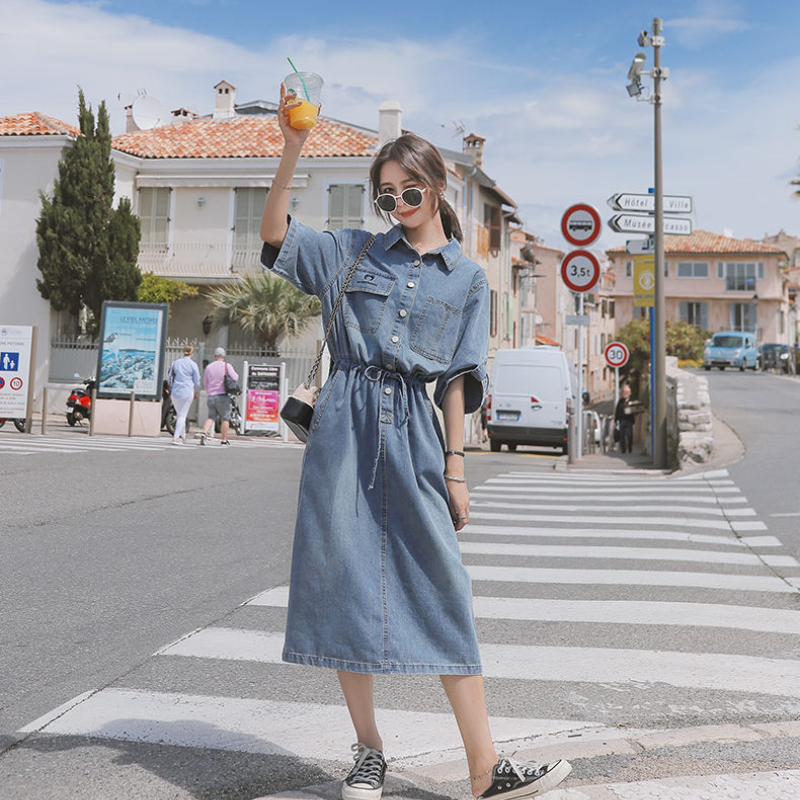 韓系．牛仔收腰連身裙 長款氣質長裙顯瘦洋裝