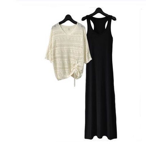 【單品可選】韓版罩衫鏤空蝙蝠袖+連身裙套組兩件套 綁帶紐扣設計透膚時尚感