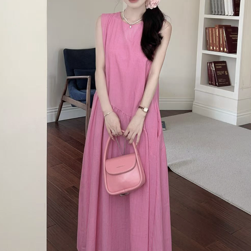 素色棉麻連身裙 韓系減齡棉質鬆身洋裝