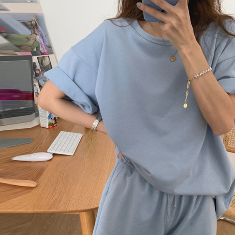 運動休閒寬鬆兩件套 素色棉T短袖短褲套裝