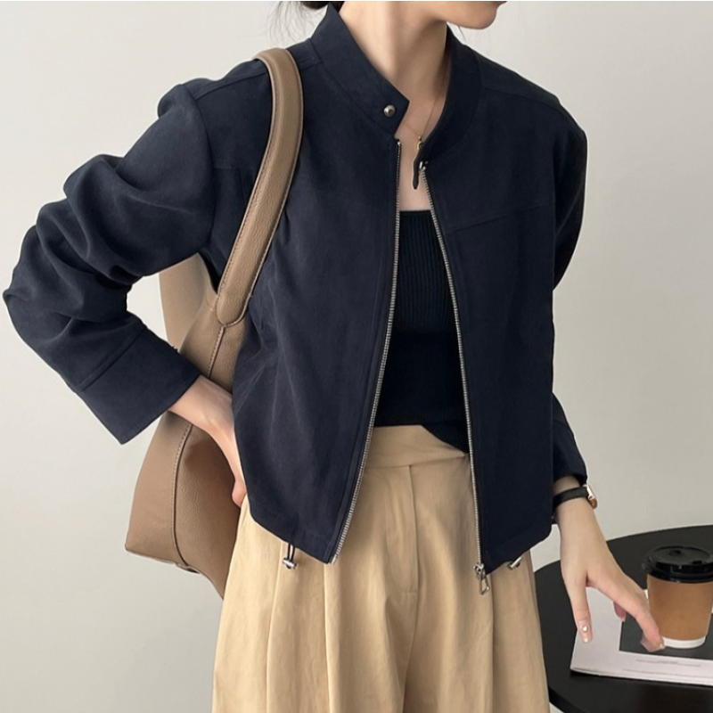 美式復古立領短版夾克 拉鍊門襟 釦帶設計 挺版有型外套