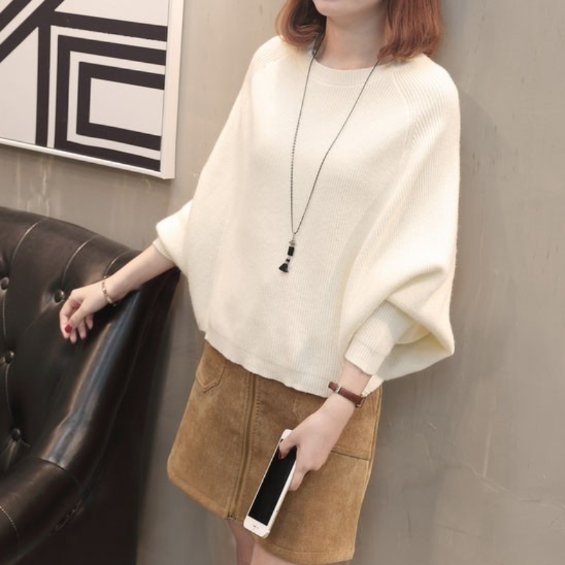 慵懶風蝙蝠袖寬鬆針織上衣 圓領套頭設計 秋冬氣質毛衣